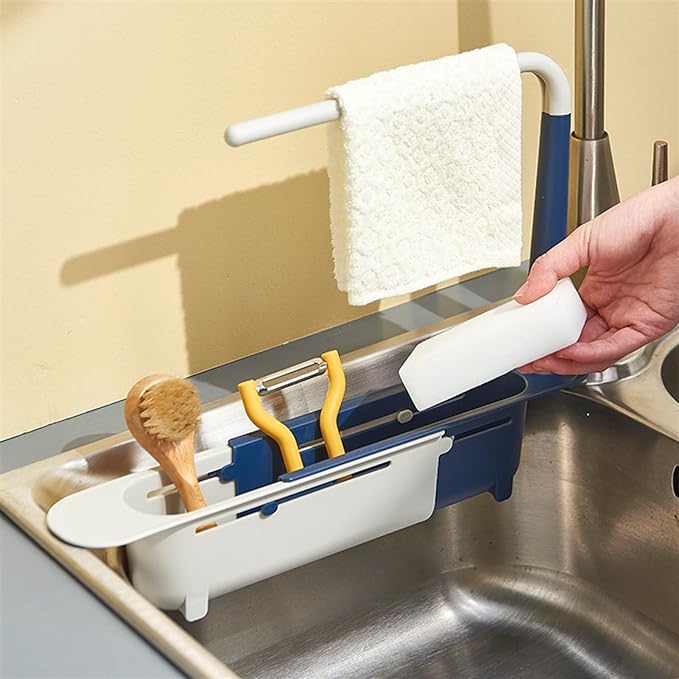 Rack de pia de cozinha, rack de drenagem telescópico, cesta de drenagem